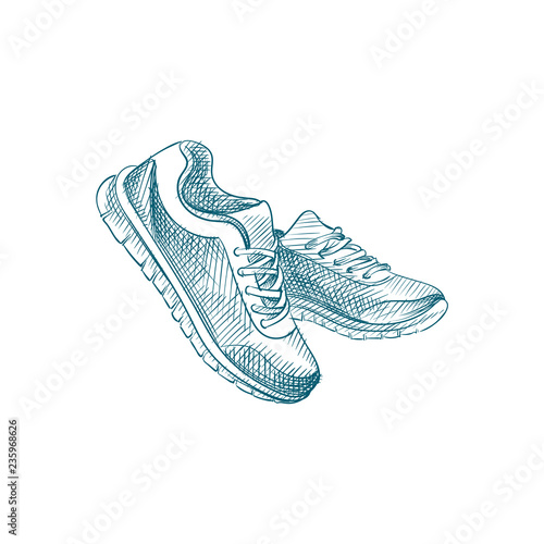 Hand Drawn Sneakers Sketch Symbol isolated on white background. Vector Sport shoes In Trendy Style. Accessories and sport equipment hand drawing sketches elements