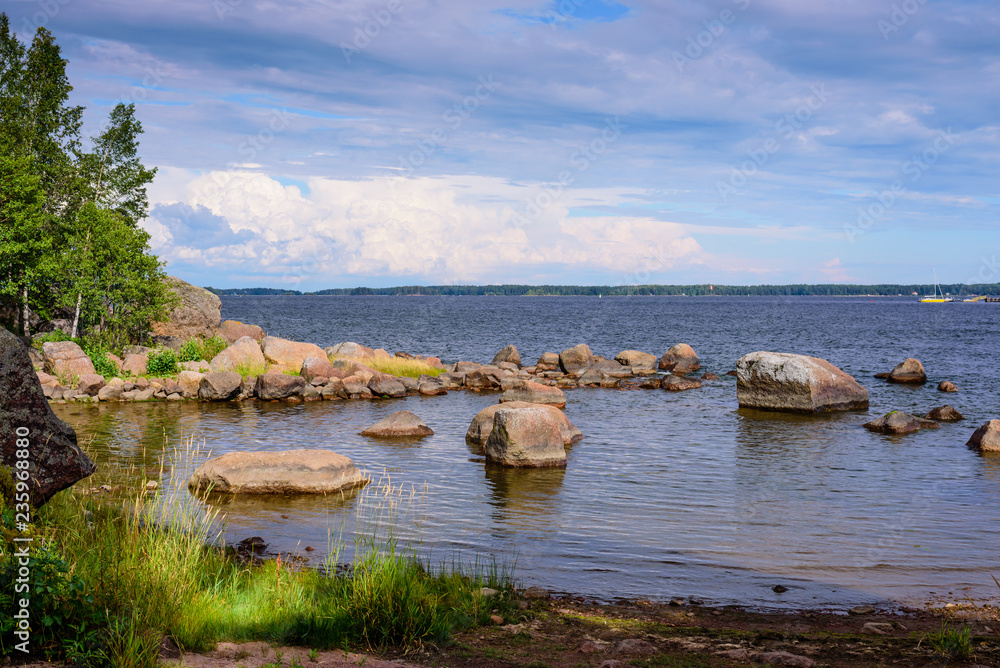 Picturesque coast of the Gulf of Finland with boulders, Kotka, Finland