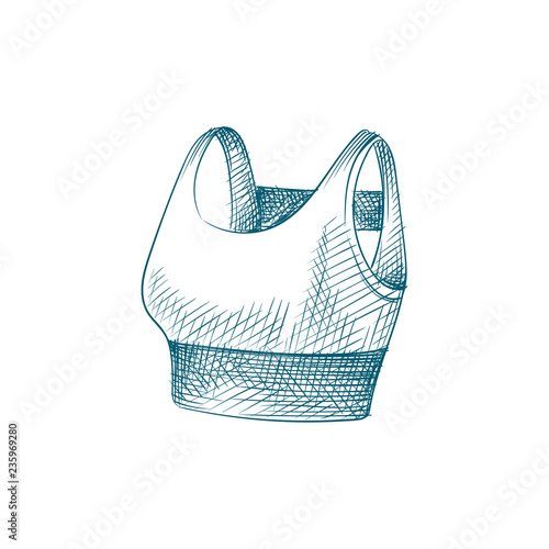 Hand Drawn women's sports bra Sketch Symbol isolated on white background. Vector Sport top In Trendy Style. Accessories and sport equipment hand drawing sketches elements