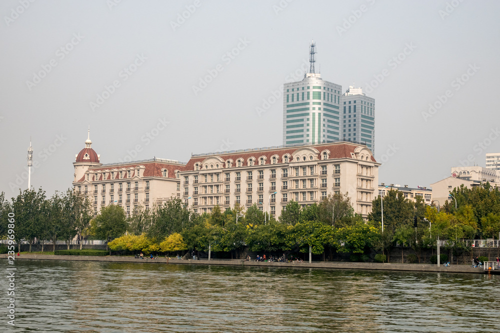 Modern buildings by RIver Haihe in Tianjin