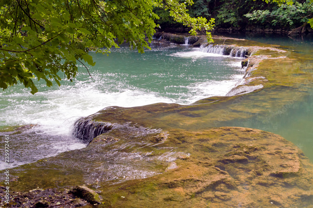 Obraz premium The Krka River shot from the bank. It is the second-longest river flowing in its entirety in Slovenia.