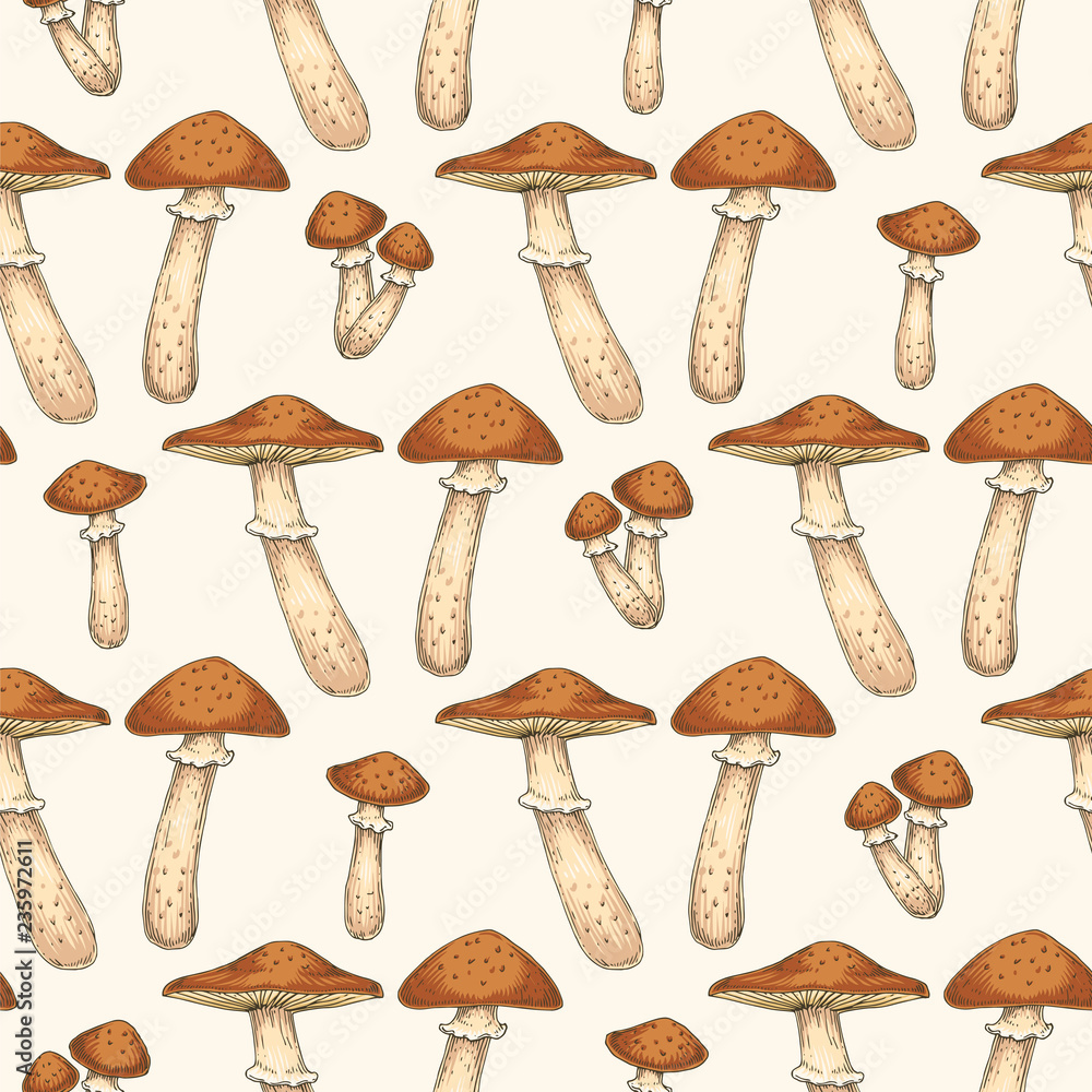 Seamless Pattern with Edible Mushroom