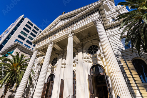 Exterior view of the Cathedral Basilica of St. Joseph, a large Roman Catholic church located in Downtown San Jose, south San Francisco bay area, California