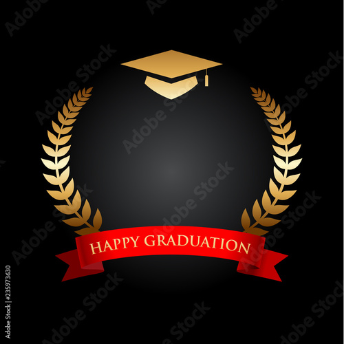 Top view of Gold Graduation hat with laurel and a red ribbon