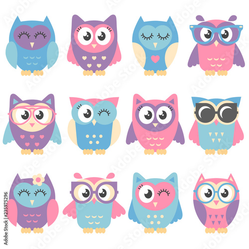 Icons of cute colorful owls isolated on white