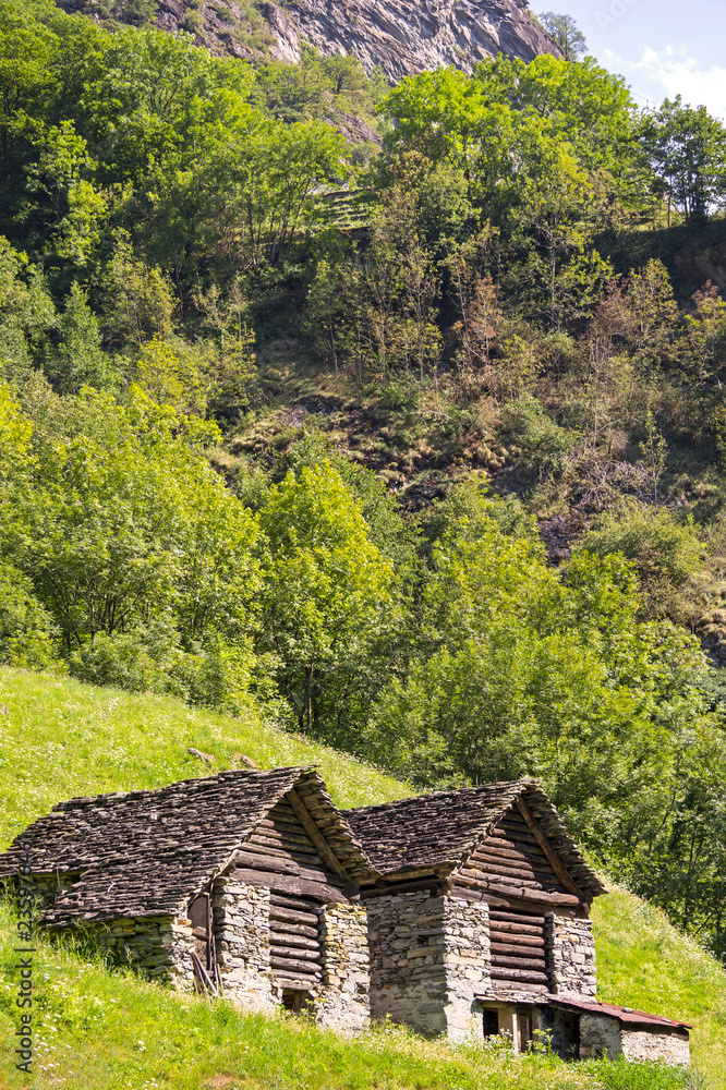 Two little cabins, named Rustico, Switzerland