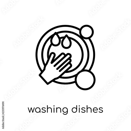 Washing dishes icon. Trendy modern flat linear vector Washing dishes icon on white background from thin line Cleaning collection