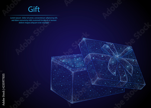 Abstract image of a Gift in the form of a starry sky or space, consisting of points, lines, and shapes in the form of planets, stars and the universe. Low poly vector background.
