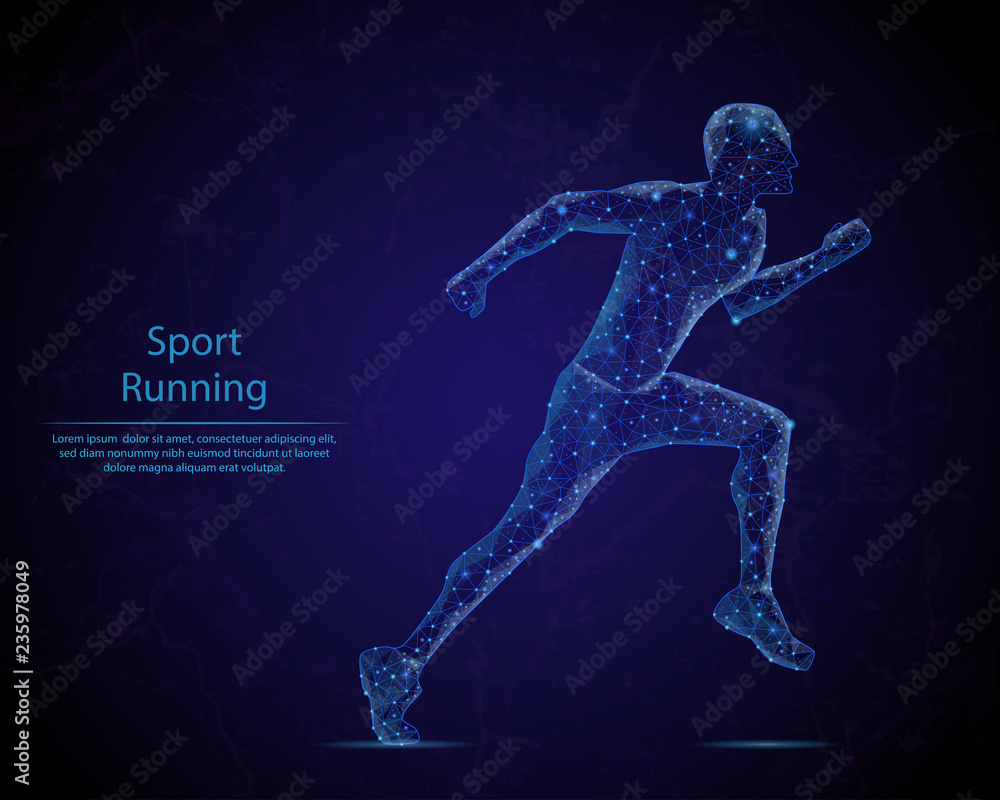Fototapeta premium Abstract image of a running man in the form of a starry sky or space, consisting of points, lines, and shapes in the form of planets, stars and the universe. Low poly vector background.