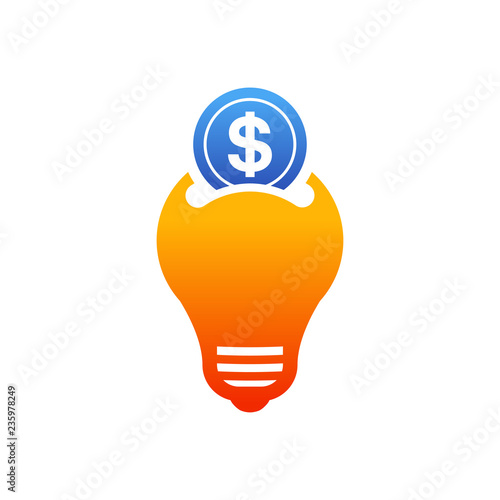 Icono plano bombilla led como hucha con moneda de dólar en azul y naranja