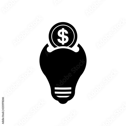 Icono plano bombilla led como hucha con moneda de dólar en color negro
