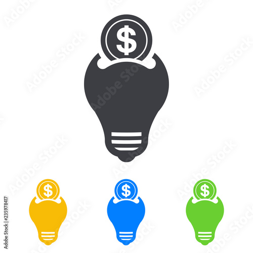 Icono plano bombilla led como hucha con moneda de dólar en varios colores