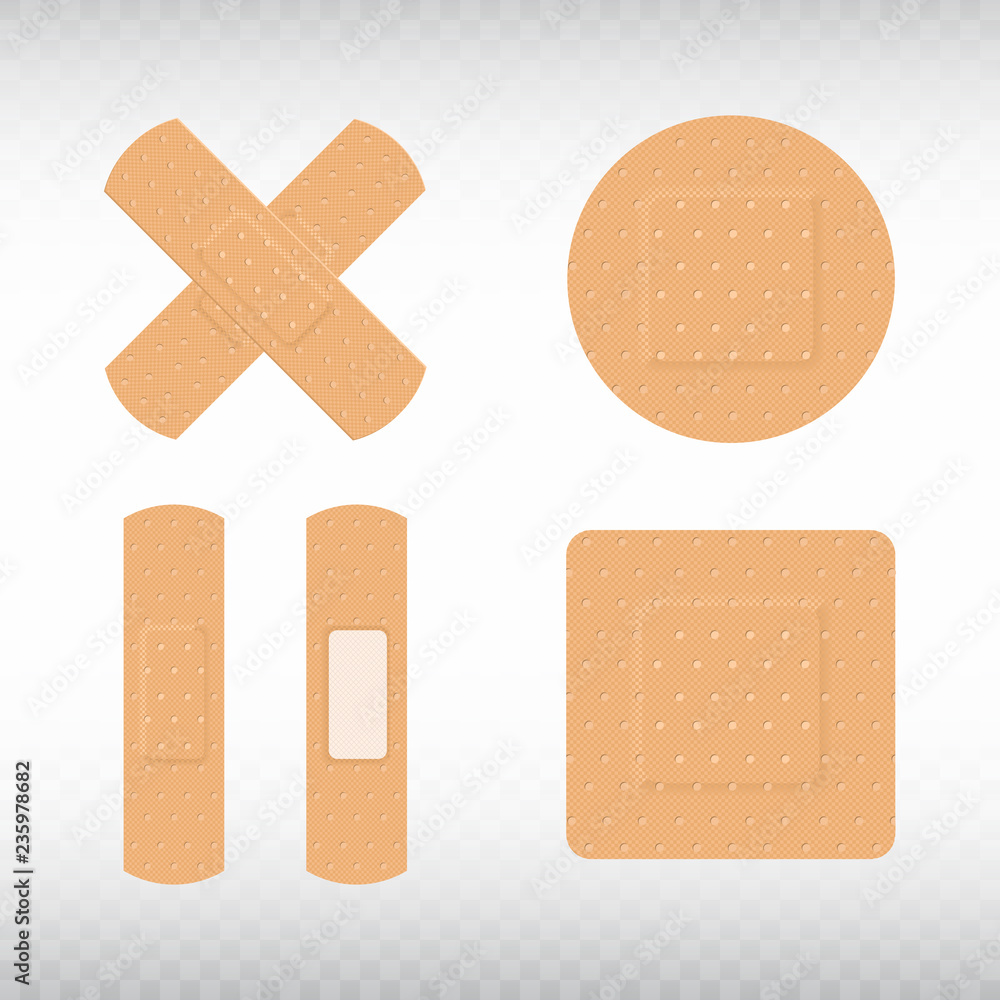 Medical adhesive plasters set on transparent background. First aid concept. Health care. Realistic medical tape,plaster, bandage, protection and care. Vector illustration Medical adhesive plasters set on transparent background. First aid concept. Health care. Realistic medical tape,plaster, bandage, protection and care. Vector illustration