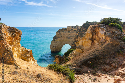 Cliffs and sea in sunny day near by Benagil Beach  Portugal  popular travel and holiday destination in Europe