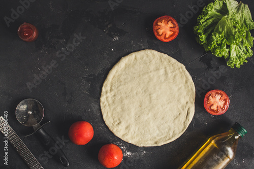 pizza - dough, preparation, flat cake (the process of cooking). Top view with copy space