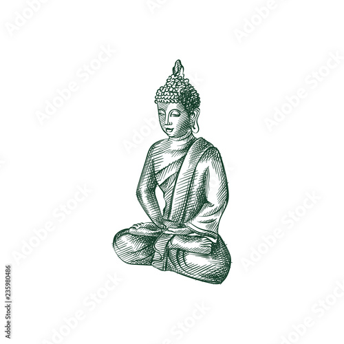Hand Drawn small Buddha sculpture Sketch Symbol isolated on white background. Vector statuette of a buddha In sketch Style. Yoga hand drawing sketches elements