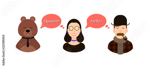 International communication translation concept illustration. tourists or businessmen or politicians from Russia and England communicate through a translator