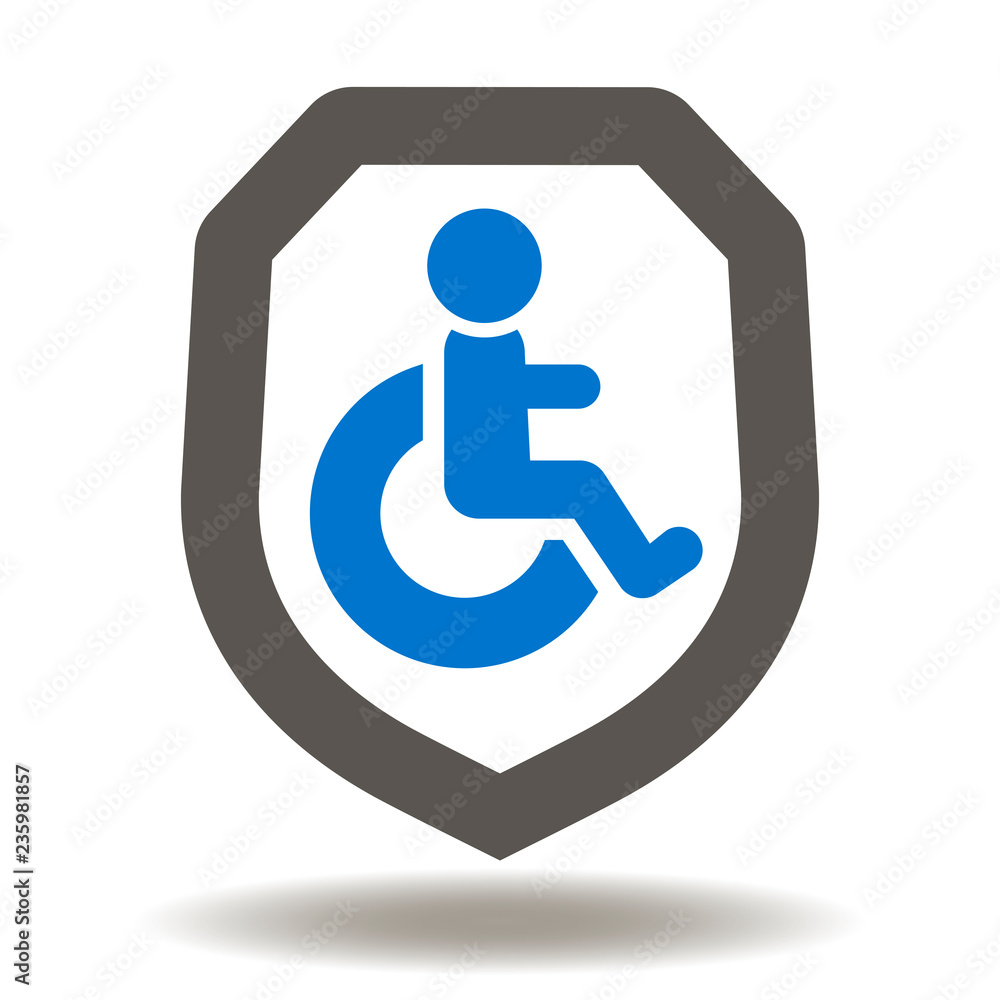 Shield disabled wheelchair vector icon. Invalid insurance symbol. Safety disablity health logo. Shield disabled wheelchair vector icon. Invalid insurance symbol. Safety disablity health logo.