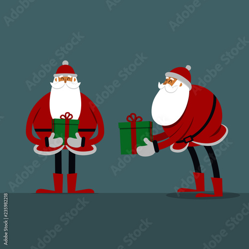 Santa Claus cartoon character giving gift, flat vector illustration