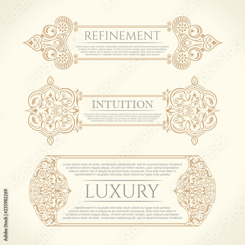 Vintage set retro cards. Template greeting card wedding invitation. Line calligraphic frames