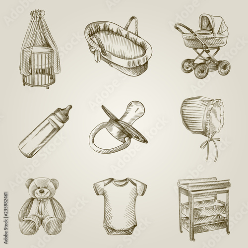 Hand Drawn Baby and newborn things Sketches Set. Collection Of Teddy bear, nipple, baby cap, Baby carriage, cot, milk bottle, bodysuit, Sled, changing table. Set of baby care Sketches