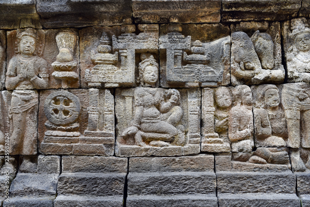 A fragment of the Borobudur Temple wall engravings, Yogyakarta, Indonesia