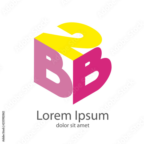 Logotipo con texto B2B colores violeta y amarillo en cuadrado tridimensional