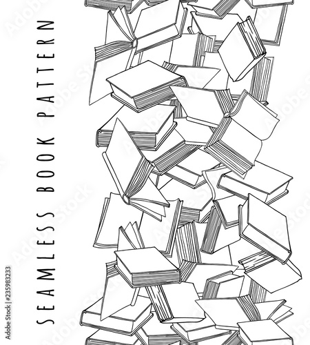 Book pattern. Seamless vertical texture with open and closed books. Hand drawn vector illustration.