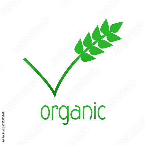 Logotipo abstracto con texto organic y símbolo validación con espiga de cereal en color verde
