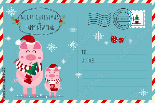 Merry christmas & happy new year postcard, stamp and postage stamp.Cute little piglets,christmas tree ,sock and christmas balls.