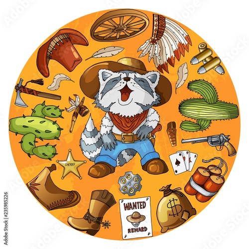 Cartoon character cowboy raccoon set of classic western items round design print © Andrew