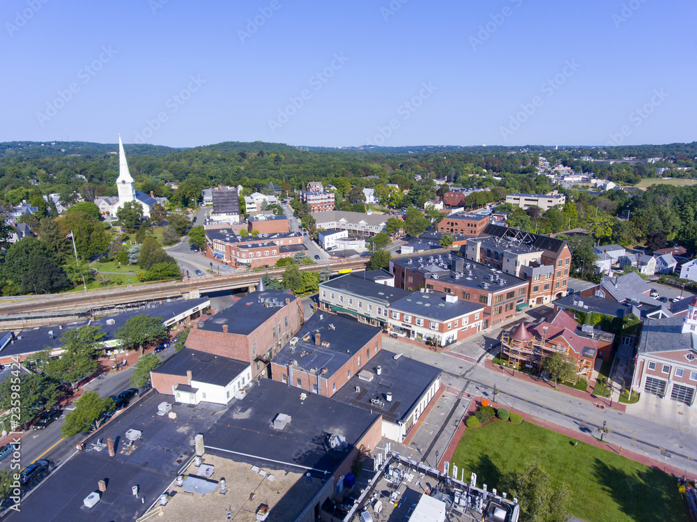 Aerial view of Winchester Center Historic District and First Congregational Church in downtown Winchester, Massachusetts, USA.
