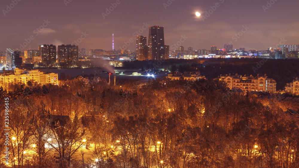 City skyline under moonlight. Moscow, Russia.