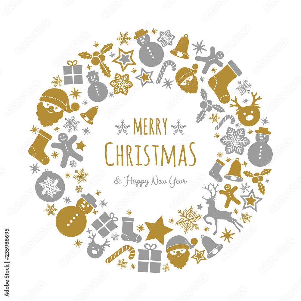 Fototapeta premium Merry Christmas and Happy New Year - greeting card with festive ornaments. Vector.