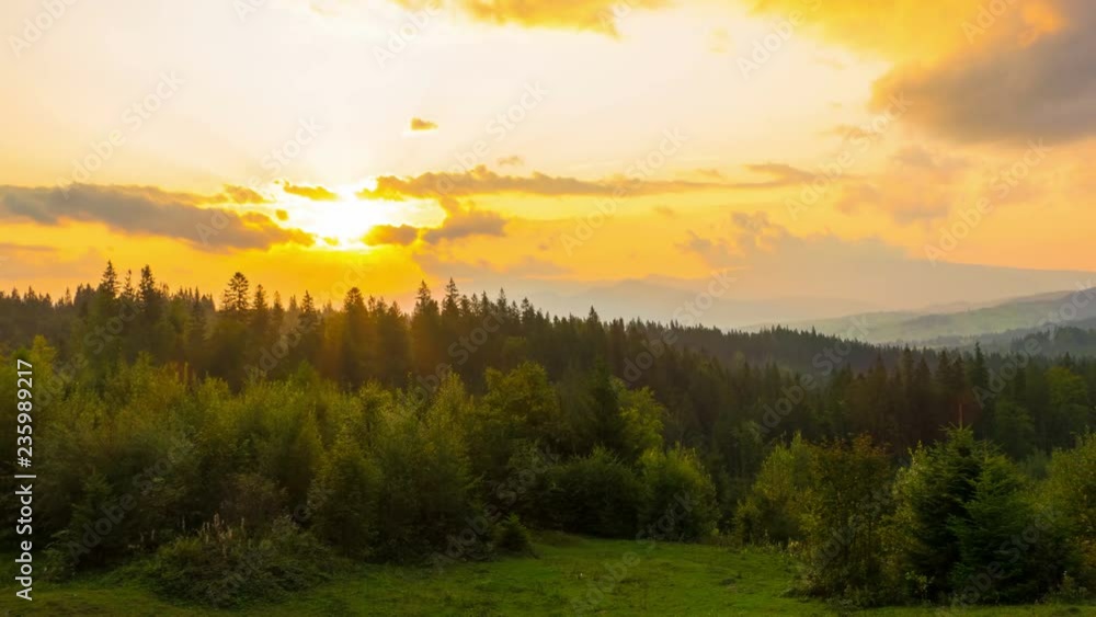 The Mountain Forest on Background of Sunset. Dramatic Sunset Sky ...