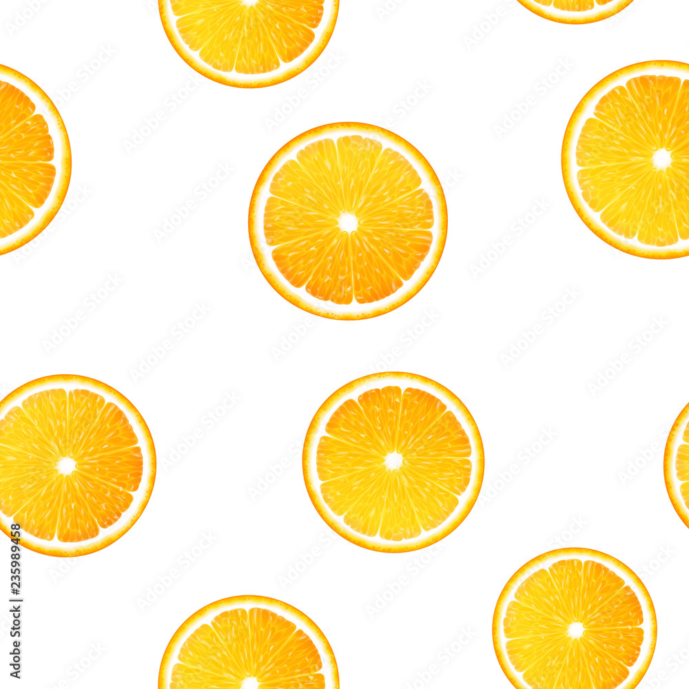 Seamless pattern of realistic orange slices on a white background Seamless pattern of realistic orange slices on a white background