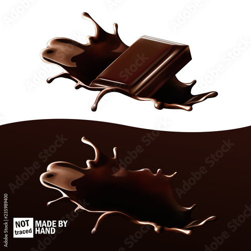 Chocolate splashes, piece of chocolate thrown in hot chocolate. Realistic vector set, isolated design elements.