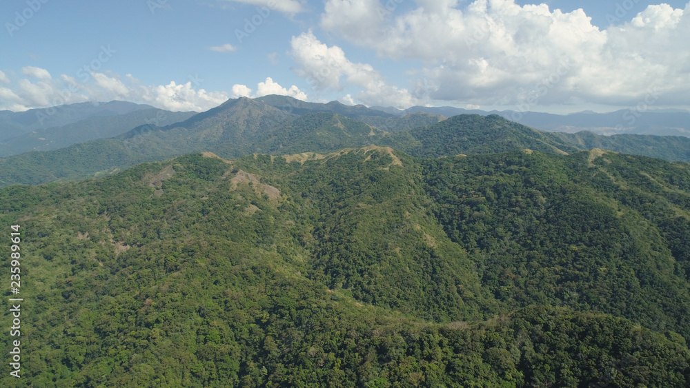 Aerial view of mountains covered with green forest, trees with blue sky. Slopes of mountains with tropical forest. Philippines, ,Luzon. Tropical landscape in Asia. Aerial view of mountains covered with green forest, trees with blue sky. Slopes of mountains with tropical forest. Philippines, ,Luzon. Tropical landscape in Asia.