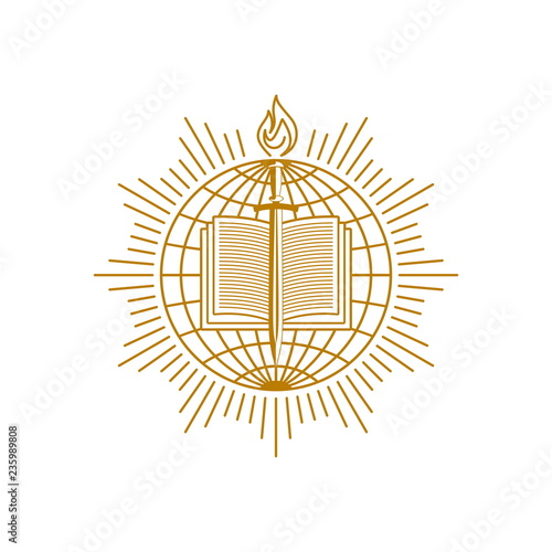 Church logo. Christian symbols. An open bible, sword and flame against the backdrop of the world.