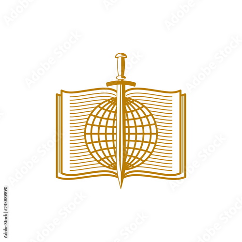 Church logo. Christian symbols. Globe and sword on the background of an open bible.	