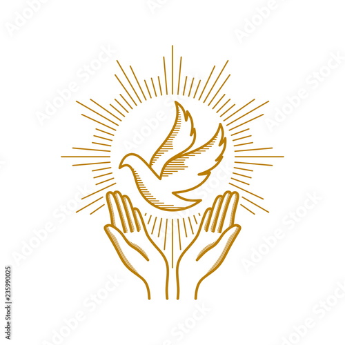 	Church logo. Christian symbols. Praying hands and dove - a symbol of the Holy Spirit.