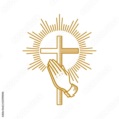 Church logo. Christian symbols. Praying hands and cross of Jesus Christ.