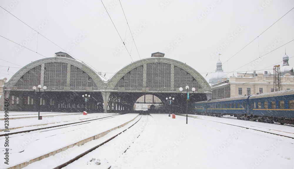 winter entourage of the terminal for the train station in Lviv
