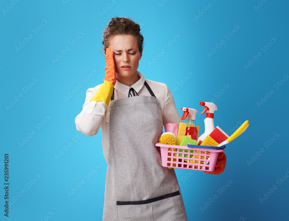 cleaning woman with basket with cleansers and brushes on blue cleaning woman with basket with cleansers and brushes on blue