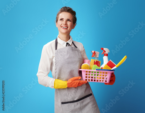 cleaning woman with a basket with cleansers and brushes looking photo