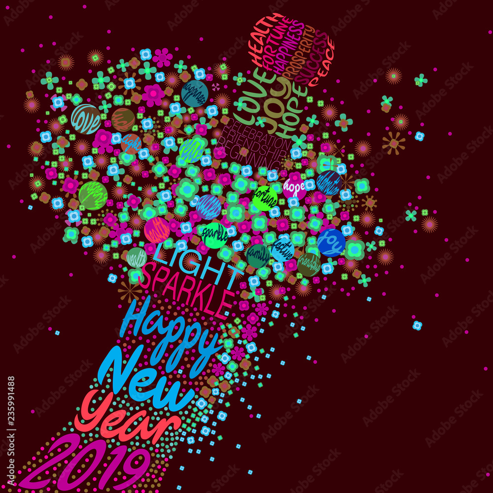 An abstract vector illustration of flowers popping from a typography champagne bottle with a fizz of splashed flora