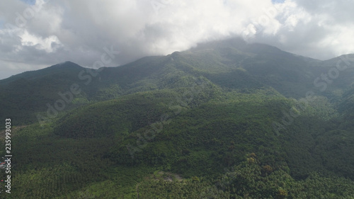 Aerial view of mountains covered forest  trees in cloudy weather  Bulusan Volcano. Luzon  Philippines. Slopes of mountains with evergreen vegetation. Mountainous tropical landscape.