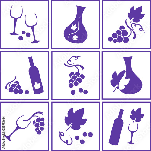 Grapes, wineglass and wine bottles. Set of square purple icons. Vector illustration