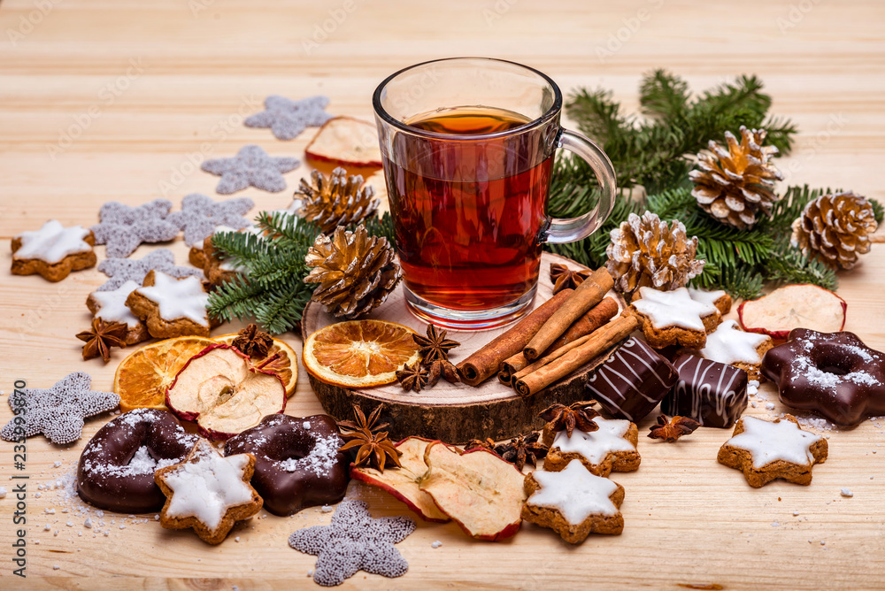 christmas new year, tea, biscuits, dried fruit, cinnamon