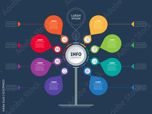 Business presentation concept with 8 or 9 points. Vector infographic of technology or education process with 8 steps on dark background. Web Template of tree, info chart or diagram.